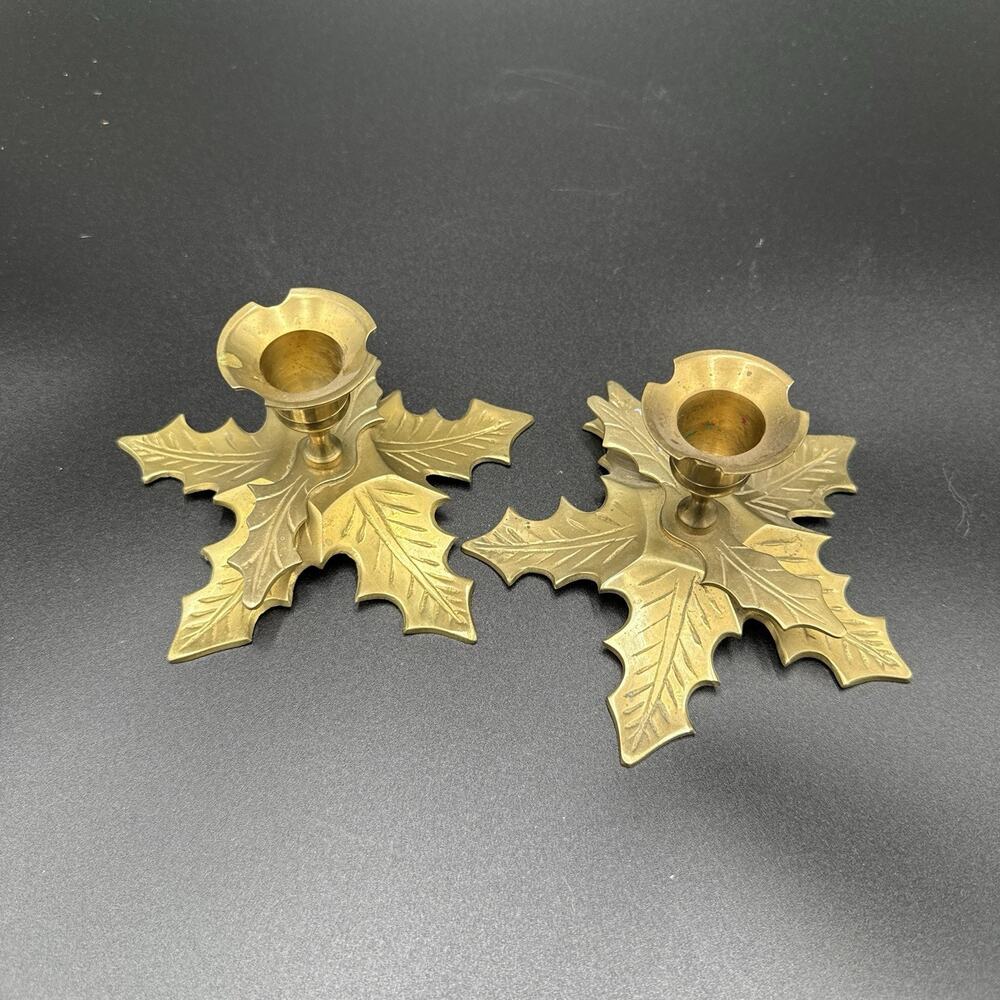 Vintage Brass Holly Leaf Candle Holders Pair Made in India Christmas Holiday
